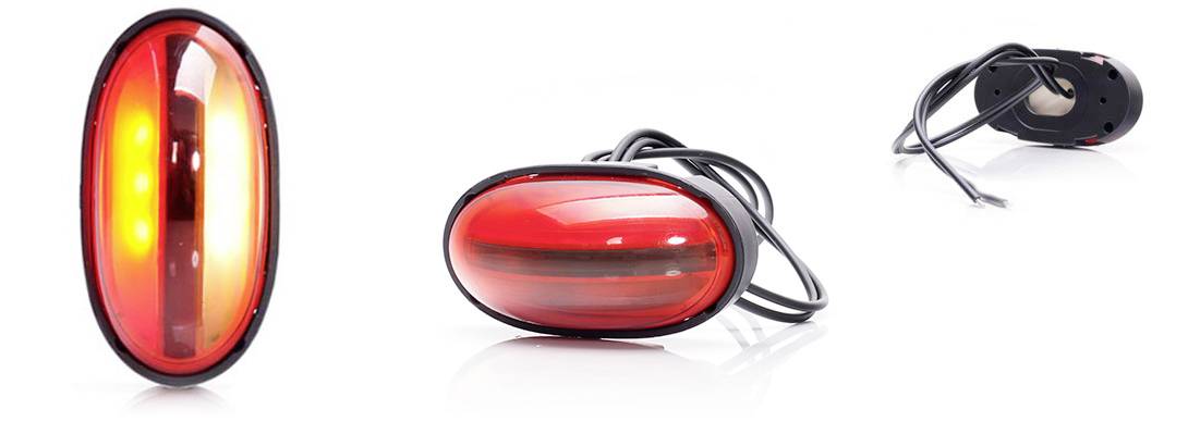 Red, oval LED light with a black border and cable, possibly for installation or as a replacement part. View from various angles.