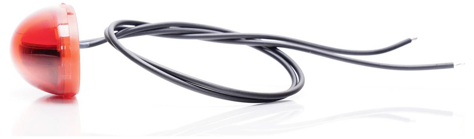 Red, round LED light with two black, connected cables.