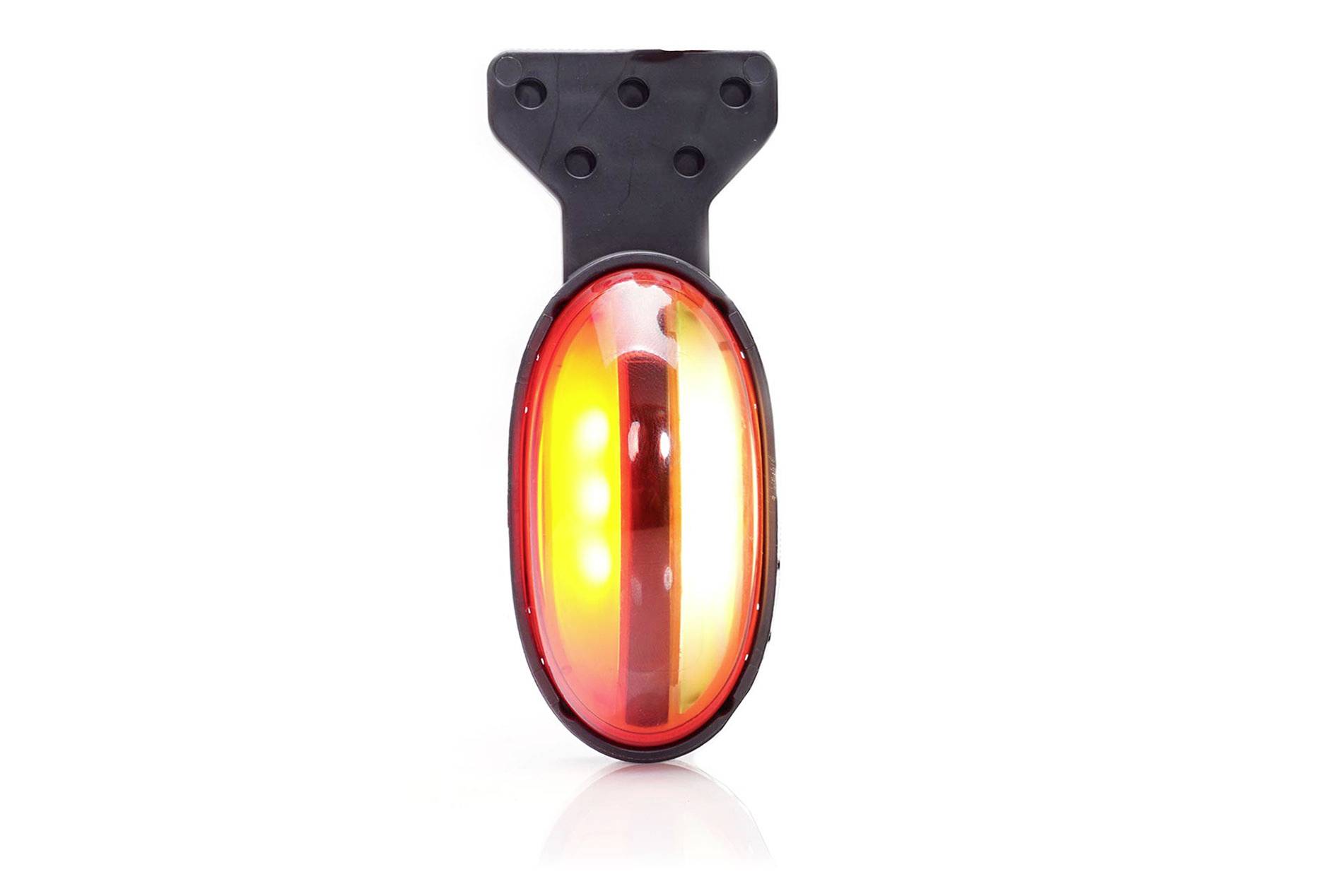 Red and yellow bicycle rear light, switched on, against a white background.