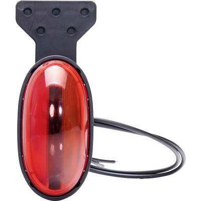 Rear light of a bicycle, oval and red, with a black plastic mounting part on top, positioned for installation on the bicycle.<br><br>Rear bicycle light, oval and red, with a black plastic mounting bracket at the top, aligned for fitting onto the bicycle.