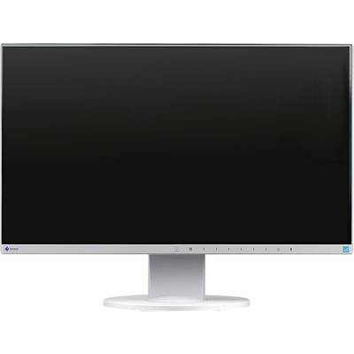 A computer monitor with a black display and white frame. The stand is circular. No content is visible on the screen.