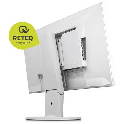 Rear view of a white monitor with the Reteq certification logo in the top left corner. The monitor is mounted on an adjustable stand.