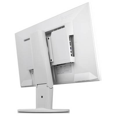 Rear view of a white computer monitor on an adjustable stand. Shows connection ports and ventilation slots.