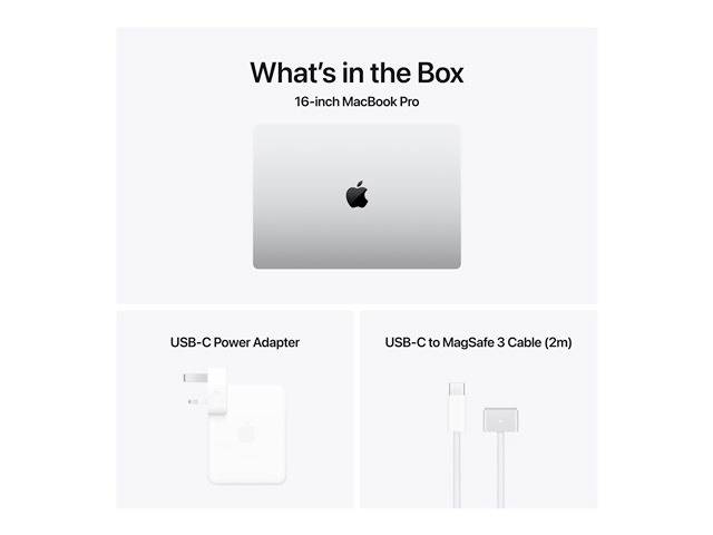A MacBook Pro, USB-C power adapter, and USB-C to MagSafe 3 cable (2 m) are shown in the box.