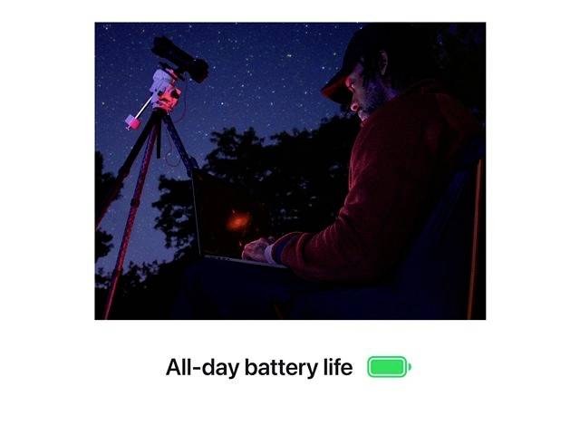 A person is using a laptop at night next to a telescope. The text underneath reads 'All-day battery life' with a green battery symbol.