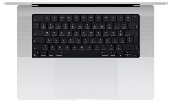Top-down view of a laptop, showing a black keyboard with an integrated trackpad. The keyboard features large keys with clearly visible letters.