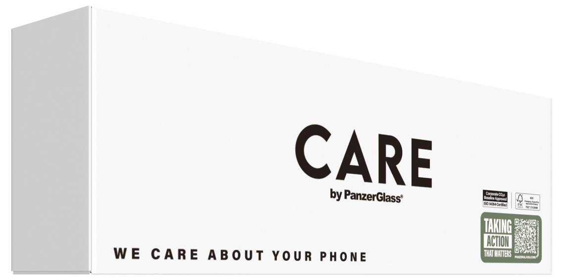 A packaging with the inscription 'CARE by PanzerGlass'. Underneath it reads 'We care about your phone'. A QR code is shown on the right.