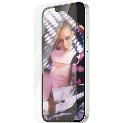 A smartphone with a screen protector displays an image of a person wearing fashionable clothing under intense lighting.
