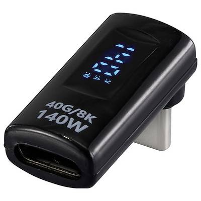 A black USB-C power adapter with a digital display showing charging status. Text '40G/8K 140W' is printed on the side.