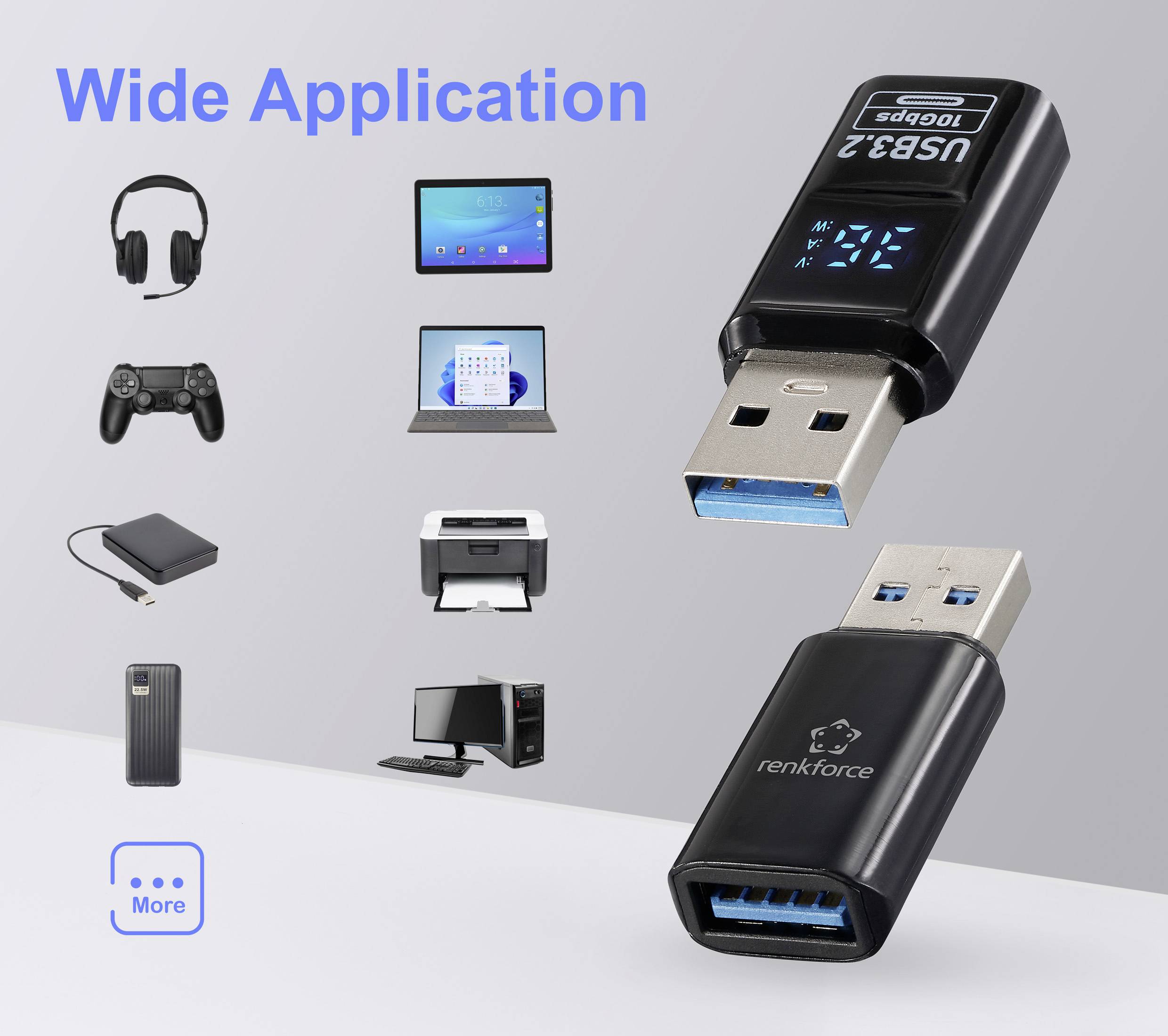 Two USB 3.2 adapters with 'Wide Application' text. Surrounding devices include headphones, game controller, tablets, printer, power bank, PC.
