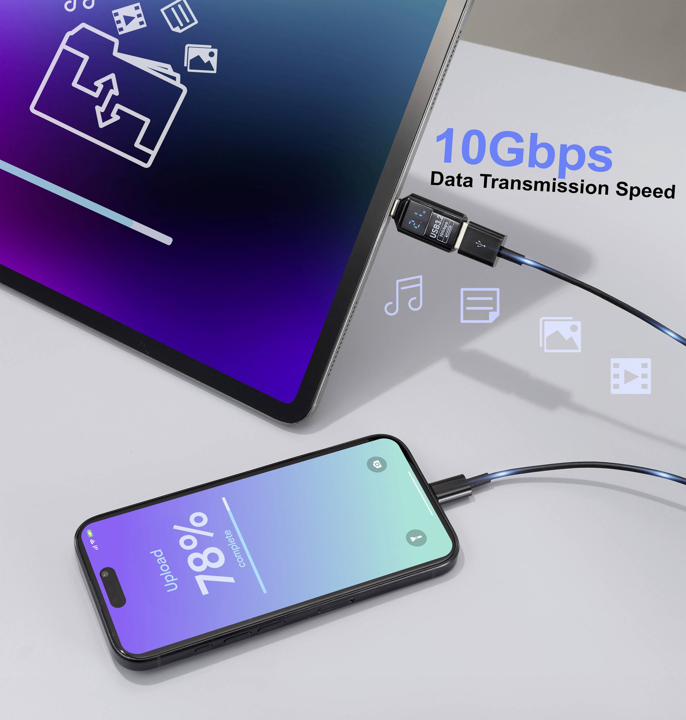 '10Gbps Data Transmission Speed' displayed with a cable connecting a smartphone and a laptop. Icons suggest video, music, and data transfer, with the phone screen showing 'Upload 78%'.