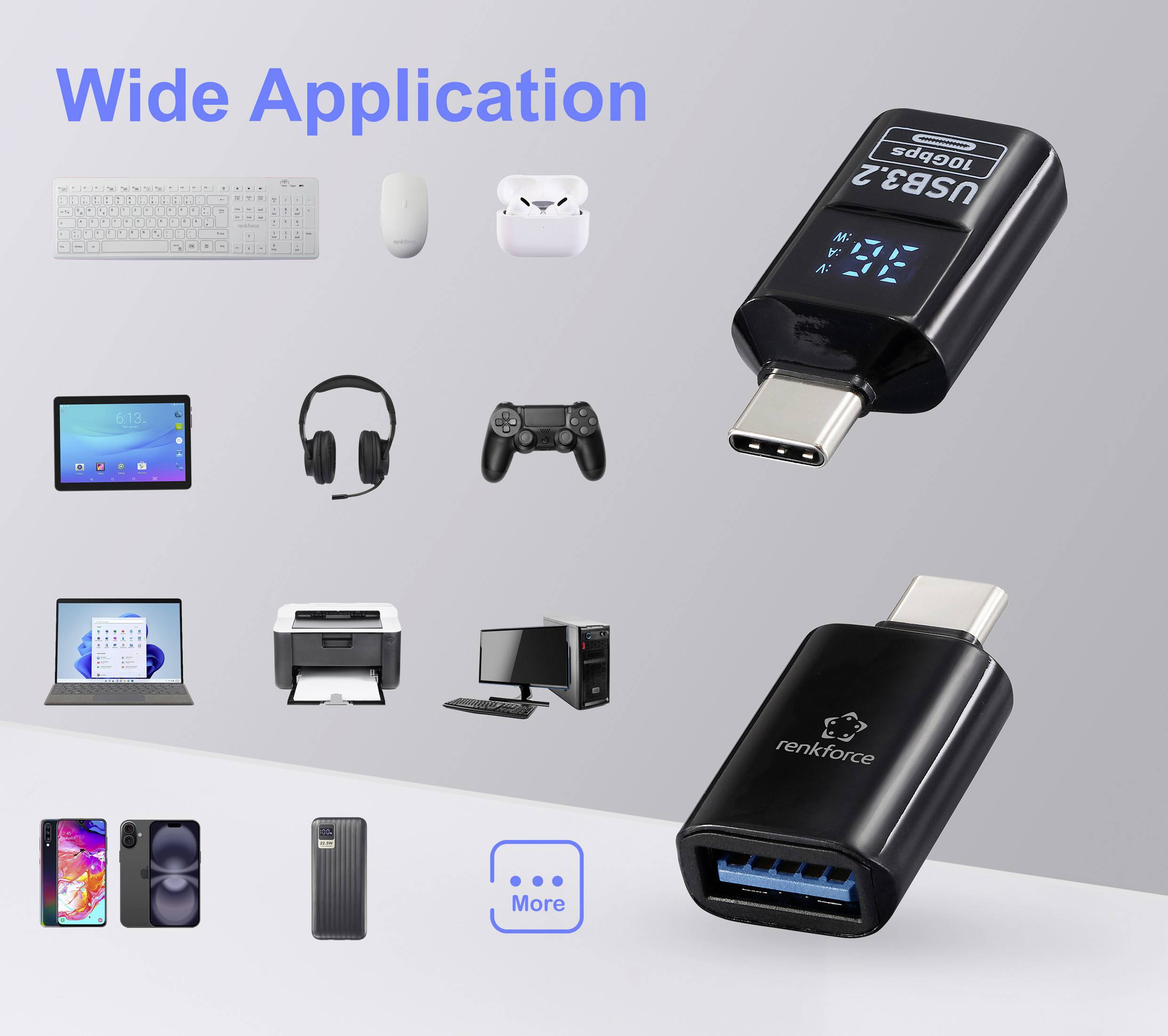 'Wide Application' text with images of USB 3.2 adapters, compatible with various devices including keyboard, mouse, headphones, and phone.