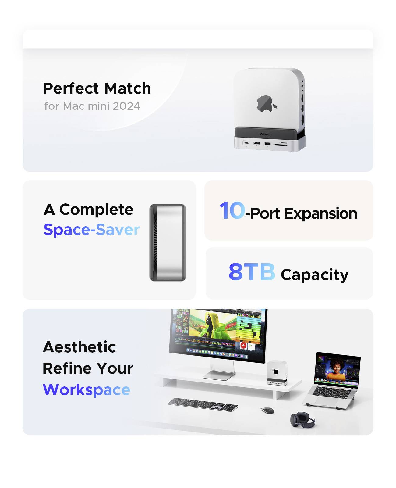 ORICO USB-C® docking station VS10 Mini Dock Desktop Stand Inbuilt holder, Built-in card reader, M.2 SSD slot-2