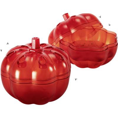 Two red, pumpkin-shaped fly traps. One closed, one open with small flies inside.