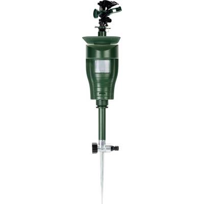 A green automatic garden sprinkler with a rotating head and ground spike for watering lawns or garden beds.