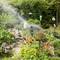 A sprinkler is watering a green garden with various plant species, while a cat stands curiously in the foreground.
