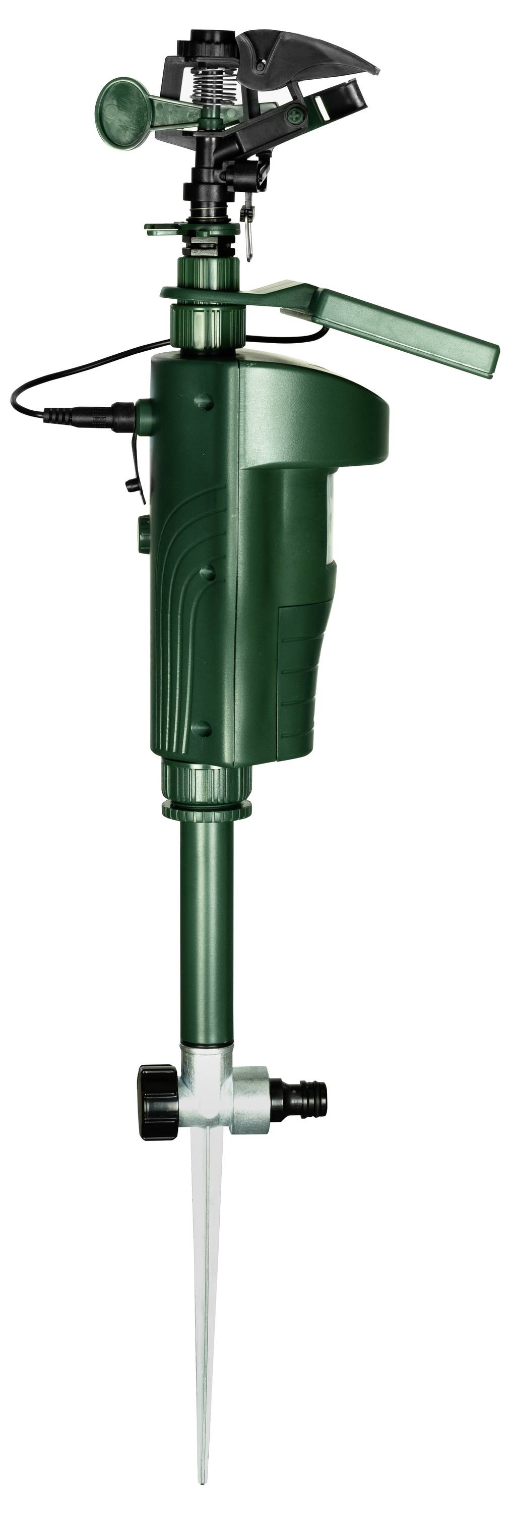 A green, automatic garden irrigation unit with ground spike and hose connection, powered by an electric motor.