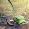 A green device stands on soil next to a snail. It is likely a garden snail deterrent. Grasses are growing in the background.