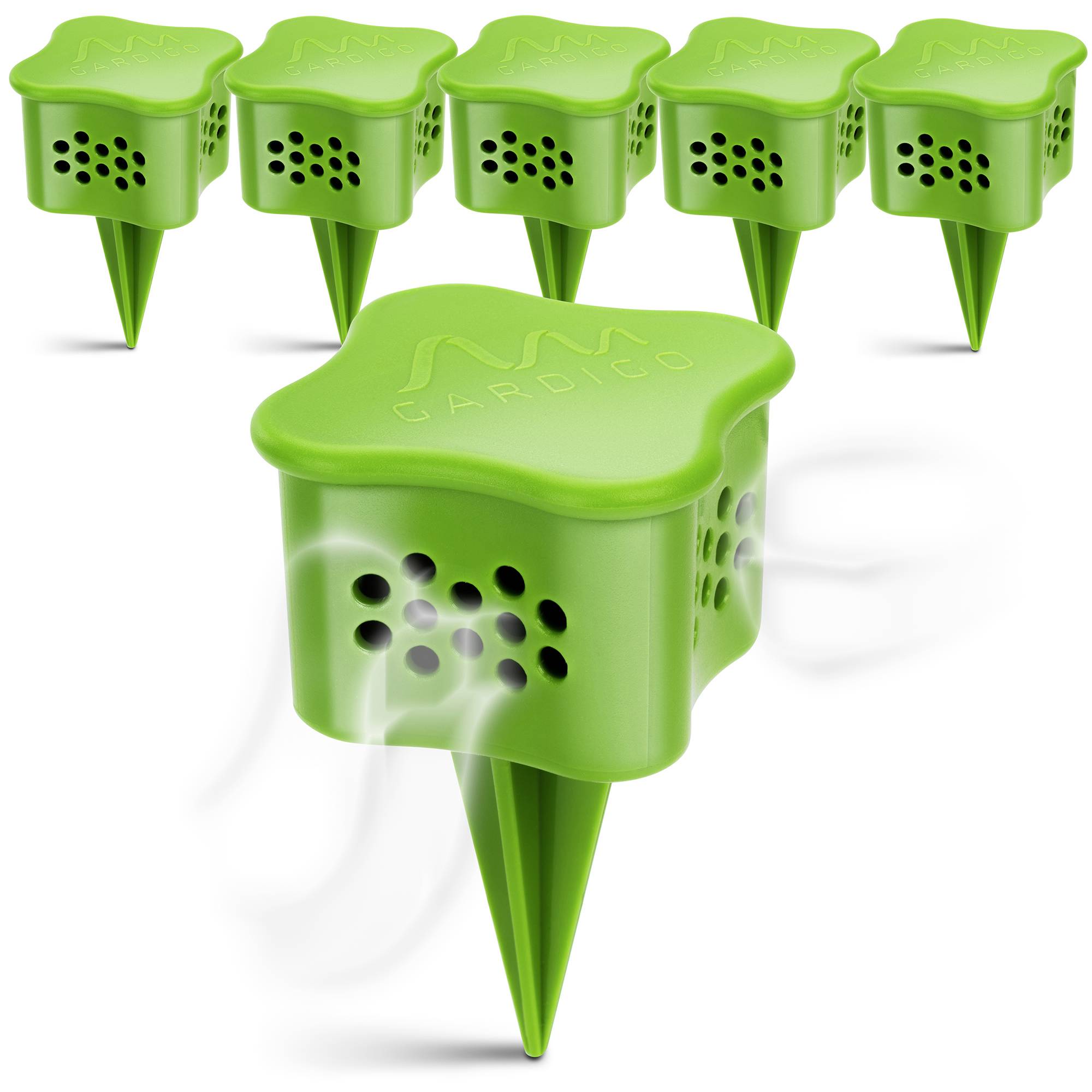 Six green plant sensors with holes and tips are arranged in a row. They measure soil moisture and plant conditions.