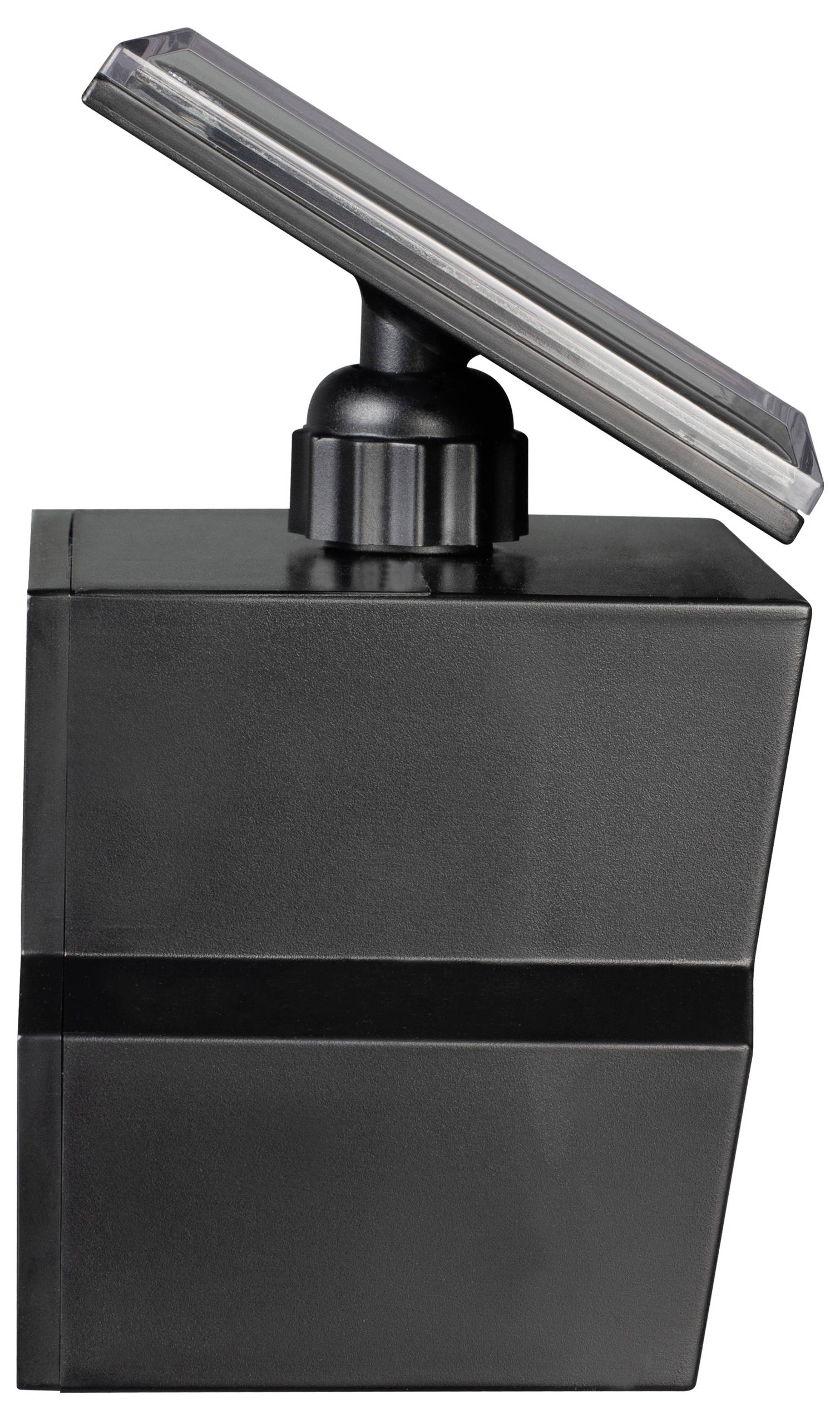 Black solar lamp with rectangular body and adjustable solar panel on top; suitable for outdoor lighting.