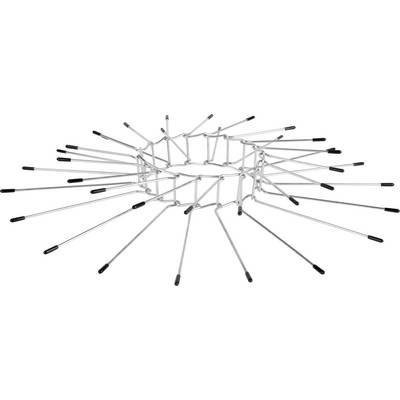 A decorative stand made of metal rods radiating radially from a central ring. The ends of the rods are fitted with black caps.