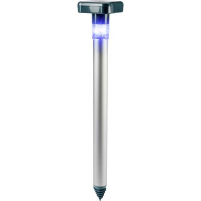 Solar-powered mole deterrent with blue light, cylindrical shape, pointed base. Suitable for repelling rodents in the garden.