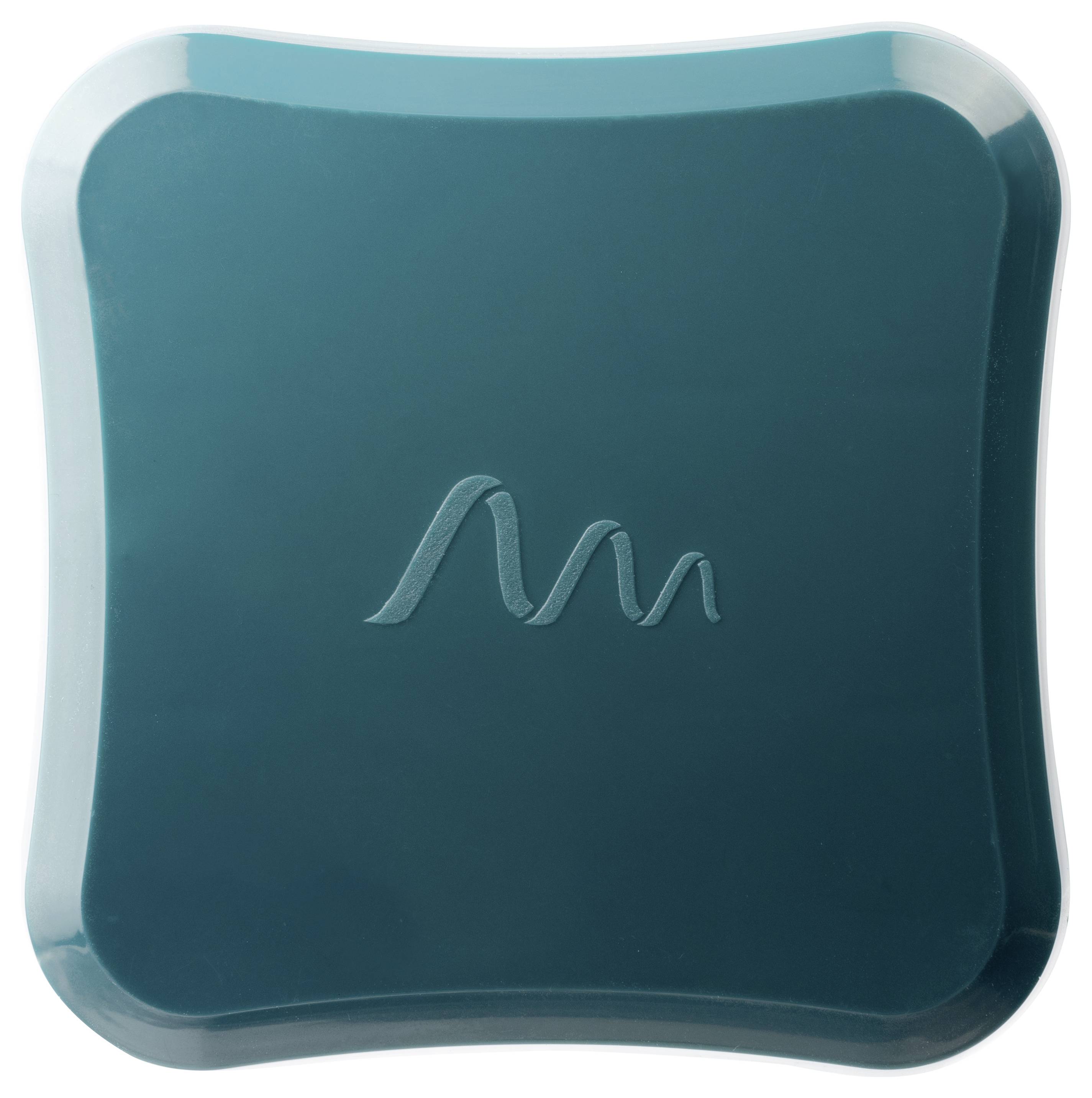 A dark green, square object with rounded corners and an embossed logo in the centre on the top surface.