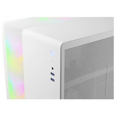 White PC tower with perforated panels, featuring power button, headphone jack, and two USB ports. LED lights emit multicolored glow.