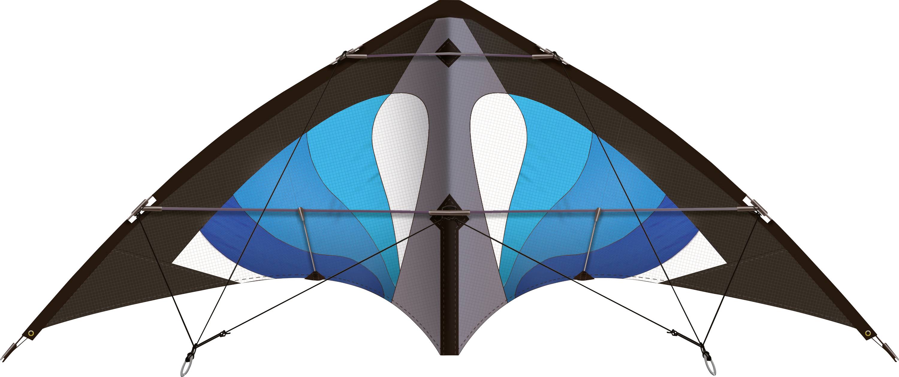 A colourful stunt kite with a symmetrical design and blue, grey, and white panels against a white background, stretched with struts and lines.