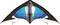A colourful stunt kite with a symmetrical design and blue, grey, and white panels against a white background, stretched with struts and lines.