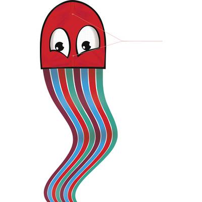 A colourful drawing of a stylised jellyfish head with curious eyes and long, wavy tentacles in red, blue and green.