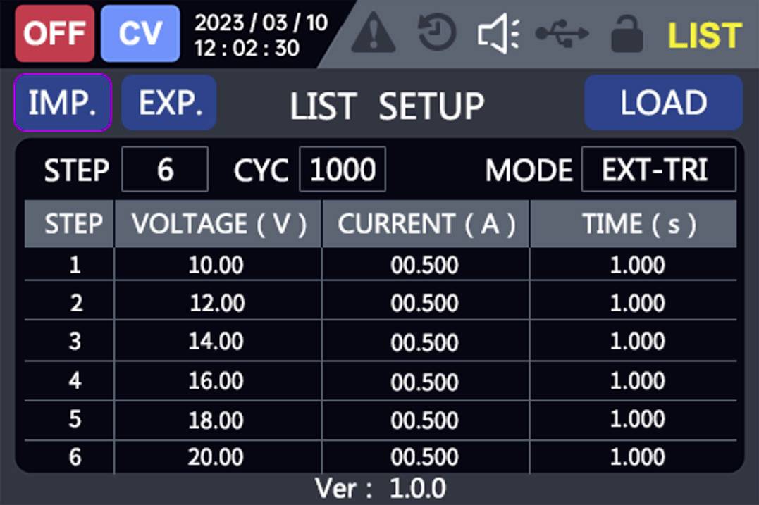 'List setup interface showing voltage, current, and time steps. Step 1: 10 V, 0.5 A, 1 s; up to Step 6: 20 V, 0.5 A, 1 s.'