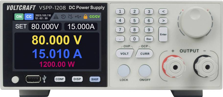 'Voltcraft VSPP-1208 DC Power Supply' showing settings: 80.00V, 15.00A, 1200.0W on the display, with control panel and output ports.