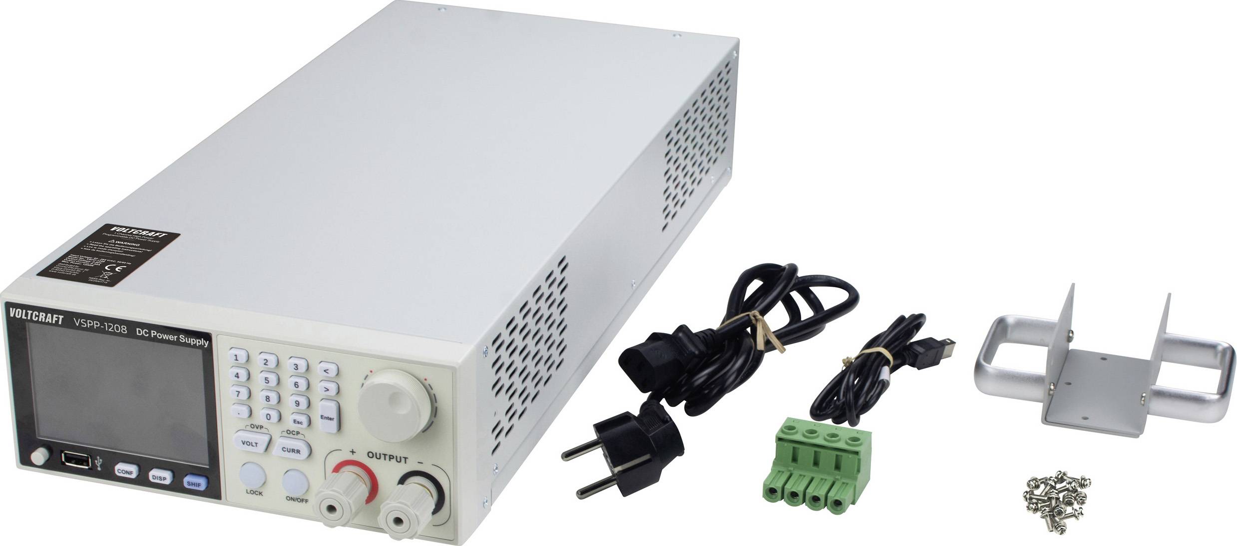 A DC power supply unit is shown with various accessories, including two power cords, a green terminal block, mounting brackets, and screws.