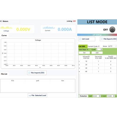 'Voltage 0.000V, Current 0.000A. LIST MODE OFF. Voltage graph area. No data in File List. Settings panel has steps for cycles and protection values.'