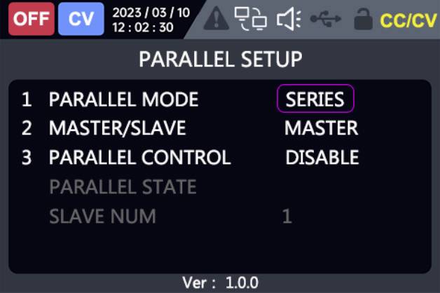 The image shows a "PARALLEL SETUP" screen with options for mode ('SERIES'), control ('DISABLE'), and master/slave ('MASTER'), version 1.0.0.