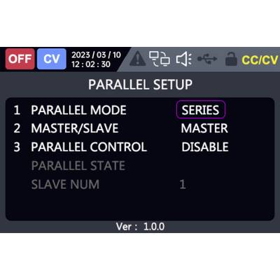 The image shows a "PARALLEL SETUP" screen with options for mode ('SERIES'), control ('DISABLE'), and master/slave ('MASTER'), version 1.0.0.