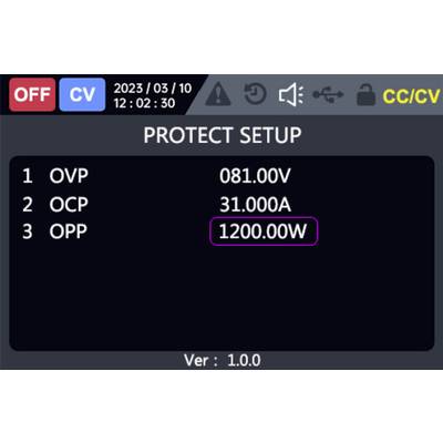 'PROTECT SETUP' screen showing values: OVP 081.00V, OCP 31.000A, OPP 1200.00W. Date is 2023/03/10; version 1.0.