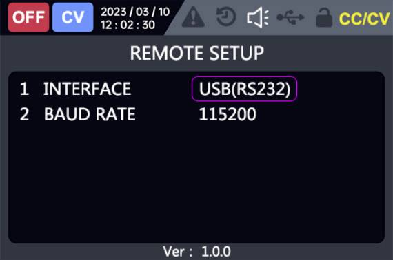 The image shows a remote setup screen with settings: Interface - USB(RS232) and Baud Rate - 115200, version 1.0. Timestamp 2023/03/10.