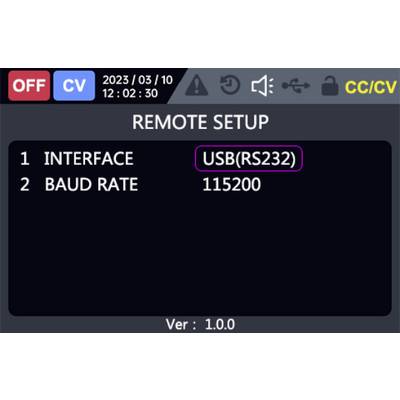 The image shows a remote setup screen with settings: Interface - USB(RS232) and Baud Rate - 115200, version 1.0. Timestamp 2023/03/10.