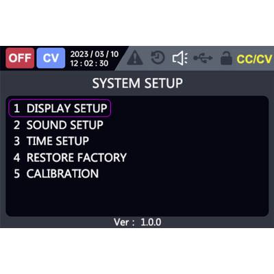 'System Setup' screen showing menu options: 1. Display Setup, 2. Sound Setup, 3. Time Setup, 4. Restore Factory, 5. Calibration.