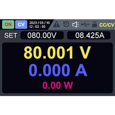 'Power supply display showing settings: 80V, 8.425A, and 0W. Indicators for constant voltage (CV) and set values are highlighted.'