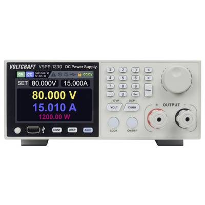 A digital DC power supply displays settings with '80.000 V', '15.010 A', and '1200.0 W'. Includes control buttons and a connection port.