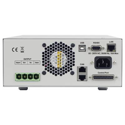 'Back view of a power supply unit with CE and recycling symbols, featuring USB, RS485, LAN ports, output terminals, and power input.'