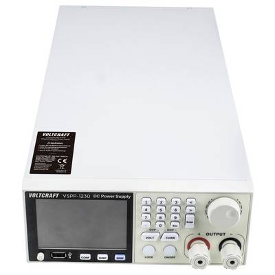 'Voltcraft VSPP-1230 DC Power Supply.' A front-facing view showing a digital display, control buttons, and output connections.