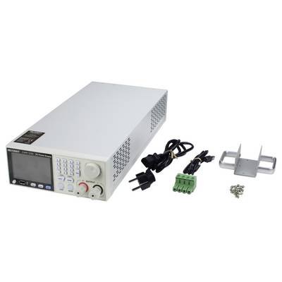 Bench power supply with display and control knobs, various power cables, a green terminal block, a metal bracket, and screws.