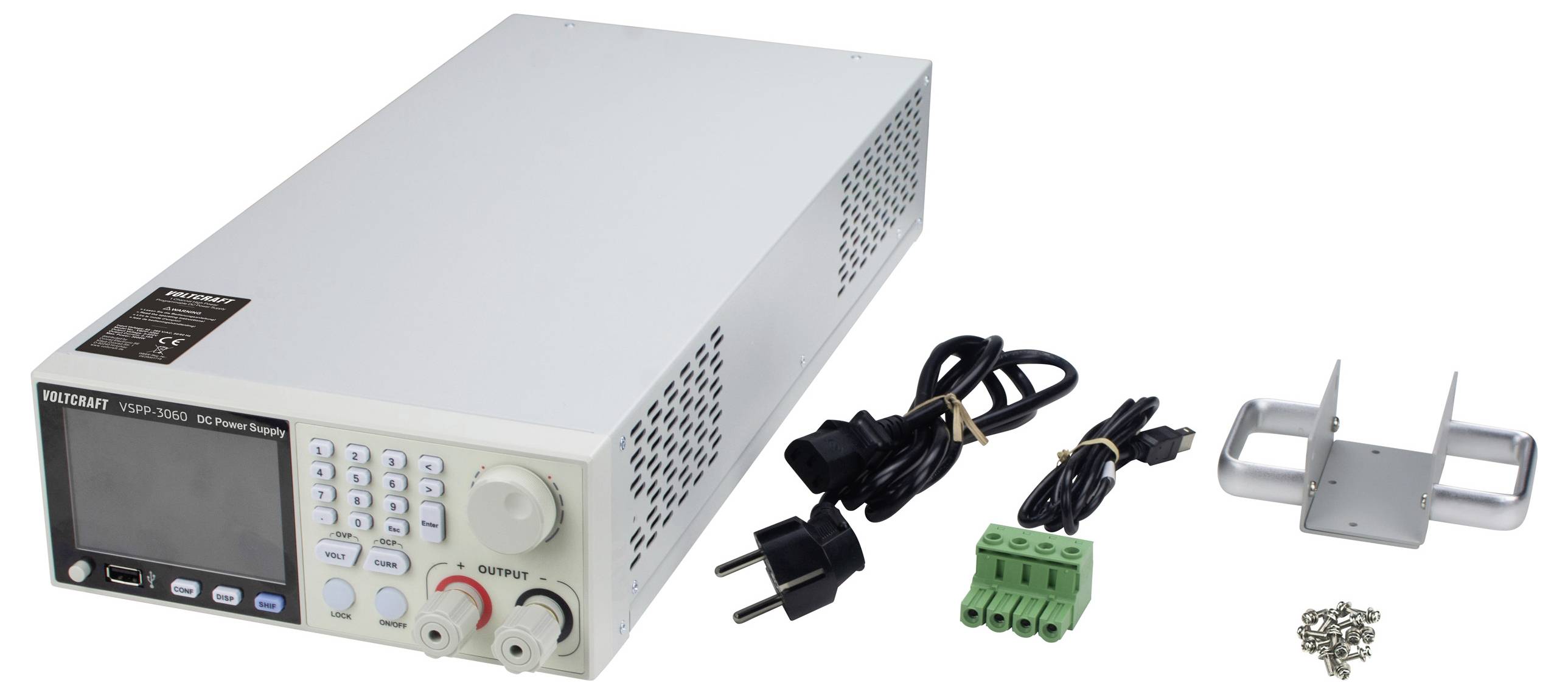 A power supply unit with display and control buttons, accompanied by cables, connectors, a mounting bracket, and screws.