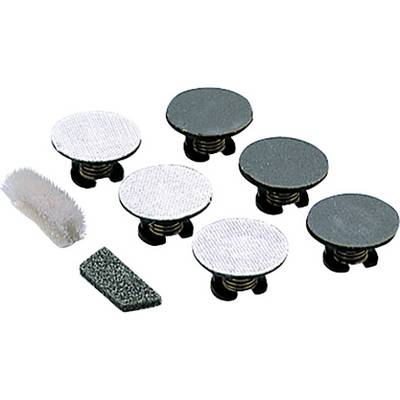 Various round grinding attachments and polishing pads with a grinding brush and grinding wedge, used for surface treatment.