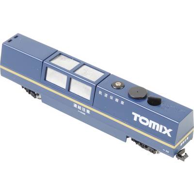 Blue TOMIX cleaning vehicle for model railways with signage and cleaning pads, for cleaning railway tracks.