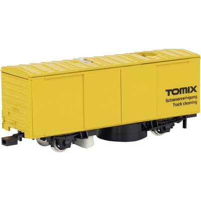 Yellow model railway track cleaning wagon with the inscription 'Tomix Track Cleaning', for cleaning model railway tracks.